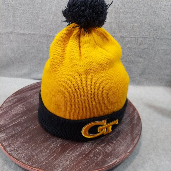 Yellow & Black GT Knit Beanie With Pom-Pom Hat 47 Brand College - Picture 2 of 10